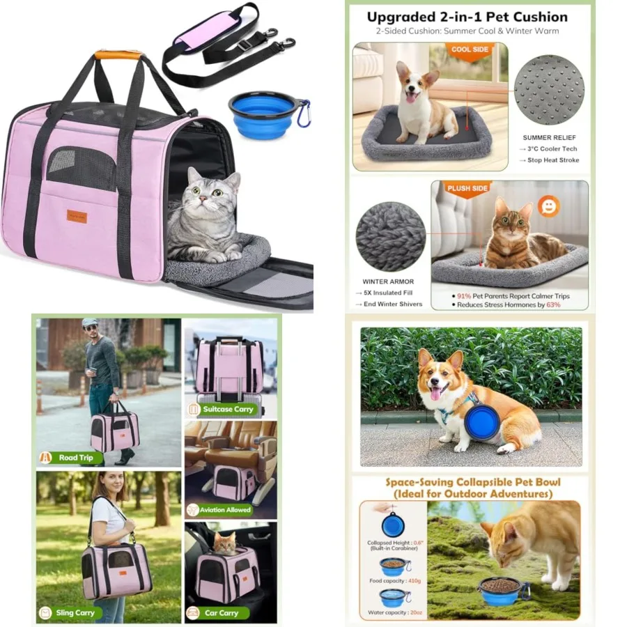 

Portable Cat Carrier - Soft Cat Carrier for Medium Cats and Puppy up to 15lbs, with Dual-Sided Cushion, Secure Buckle and Folda