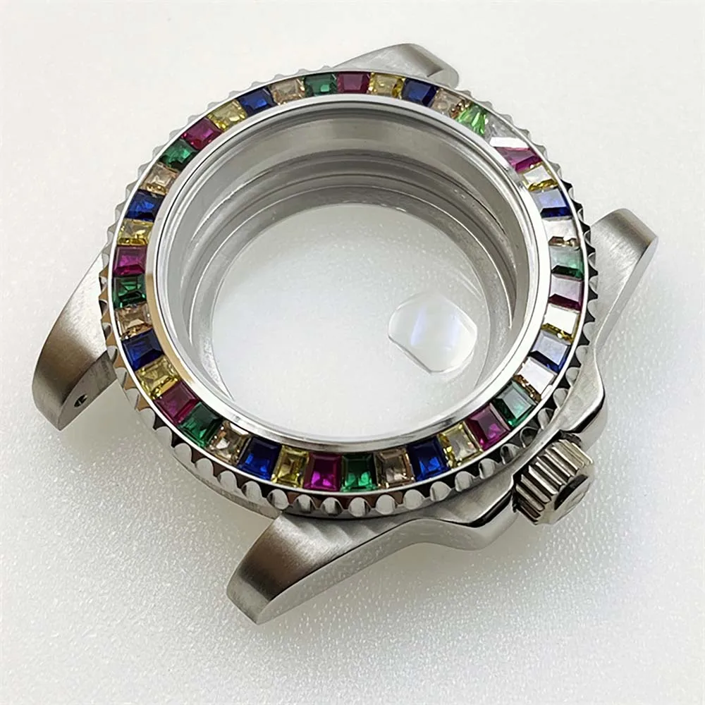 Replacement 40.5mm 316L Steel Case Rainbow Stone-Setting Ceramic Bezel Magnifier Sapphire Glass for NH35A/NH36 /4R35A 4R36A