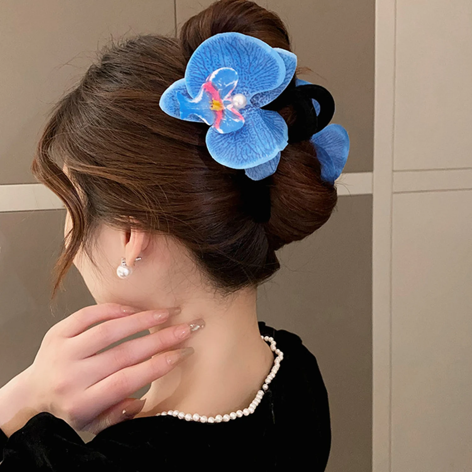 Blue Puple Butterfly Orchid Hair Claw Shark Clip Women Fairy Flower Hairpin Double Side Clips Headwear Barrette Hair Accessories