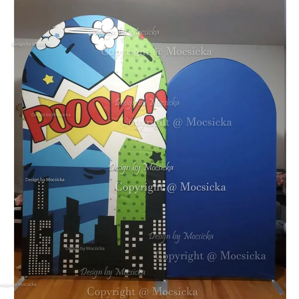 Super Hero Boy Birthday Arch Cover Background Cartoon Comic City Building Backdrop Double-sided Custom Studio Photoshoot Booth