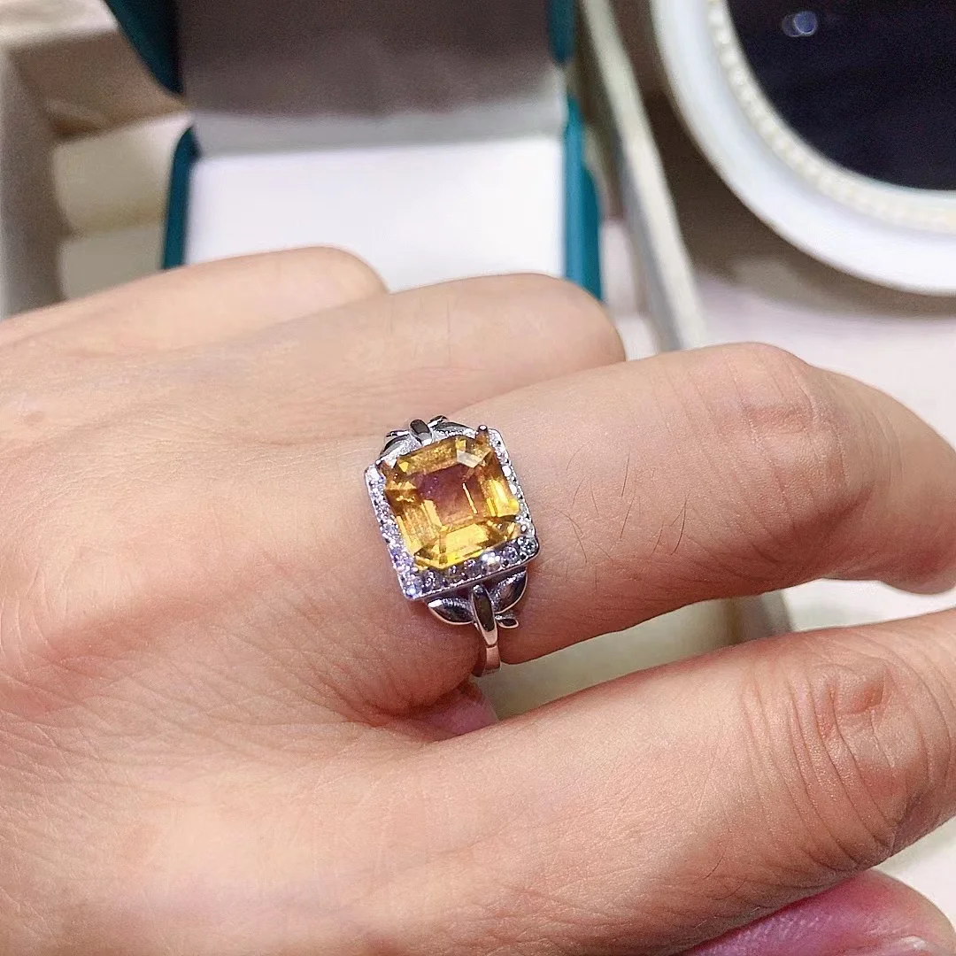 

100% Natural Citrine Silver Ring 1ct 7mm * 7mm VVS Grade Citirne Ring for Engagement 925 Silver Yellow Crystal Jewelry