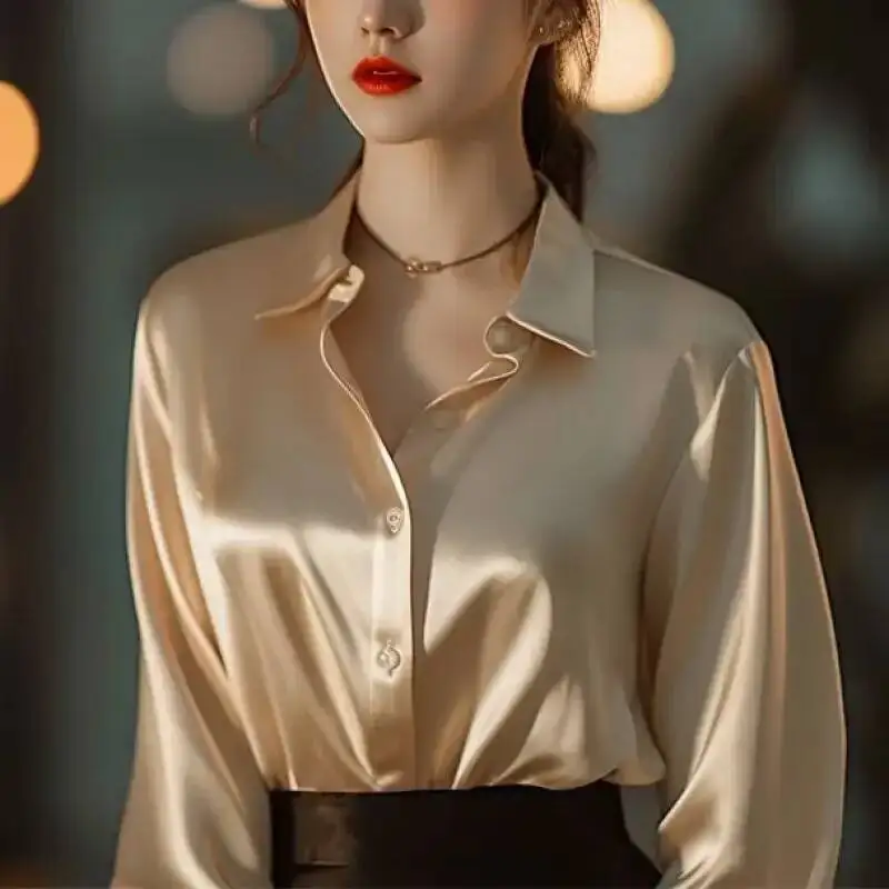 Lente Herfst Dames Effen Polo-Hals Blouses Button Up Elegante Losse Lange Mouw Kleding Kantoor Dames Frans Zwart Shirt Tops