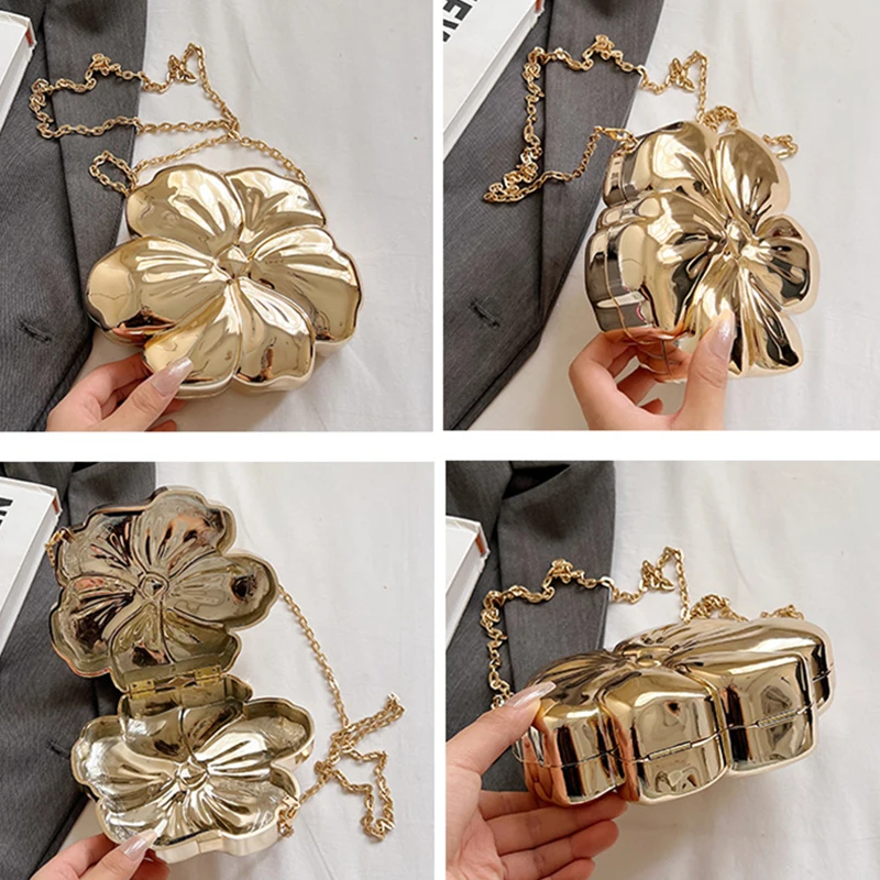 Fashionable Colorful Women\'s Shoulder Bag Metallic Clutch Bag Flower Shape Mini Women Evening Party Cute Shiny Purse Gold Silver