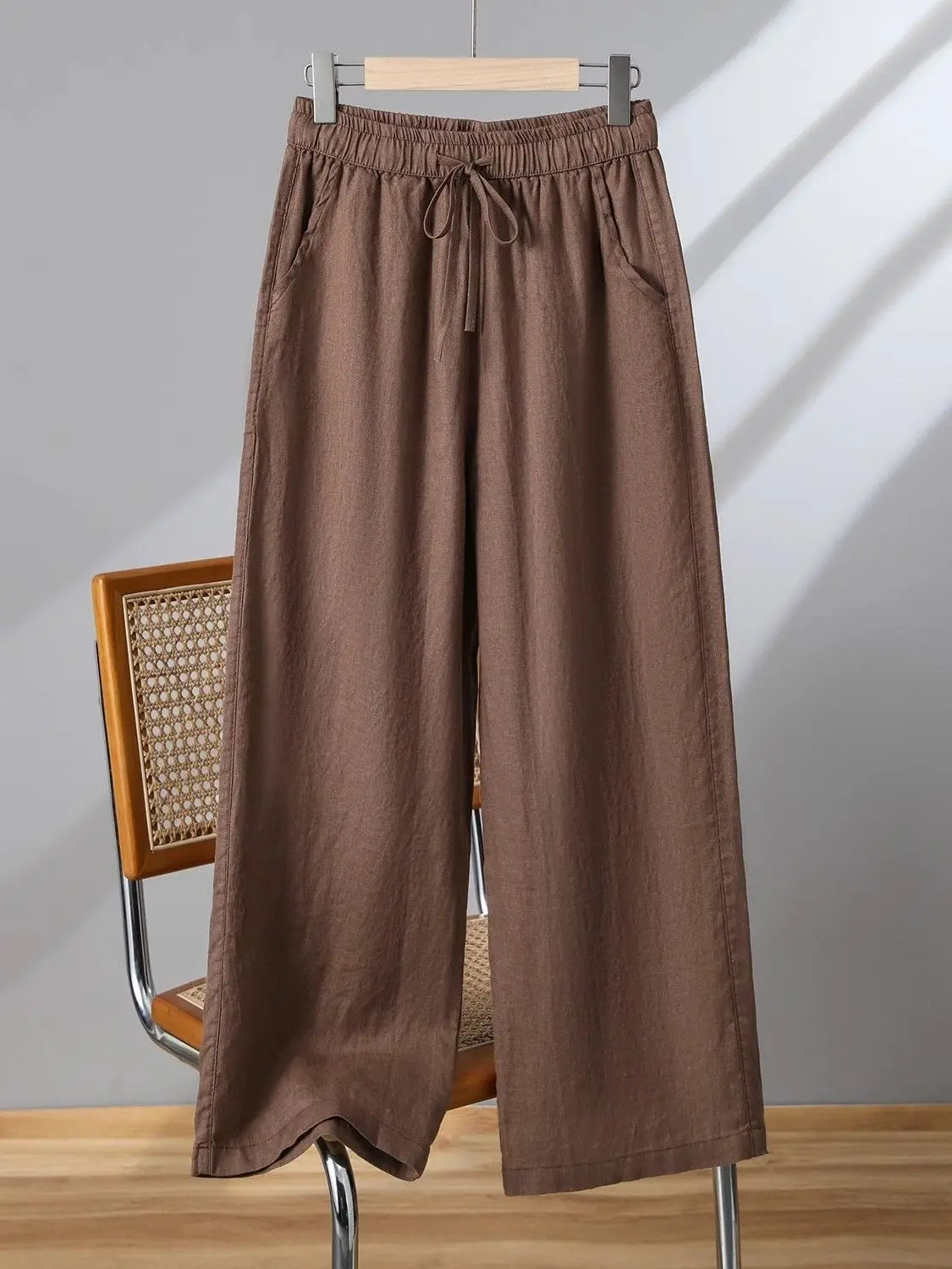 High Waist Wide Leg Cotton Linen Pants Women's Summer Drapey Tai Chi Pants Large Size Drawstring Straight Casual Mom Pants