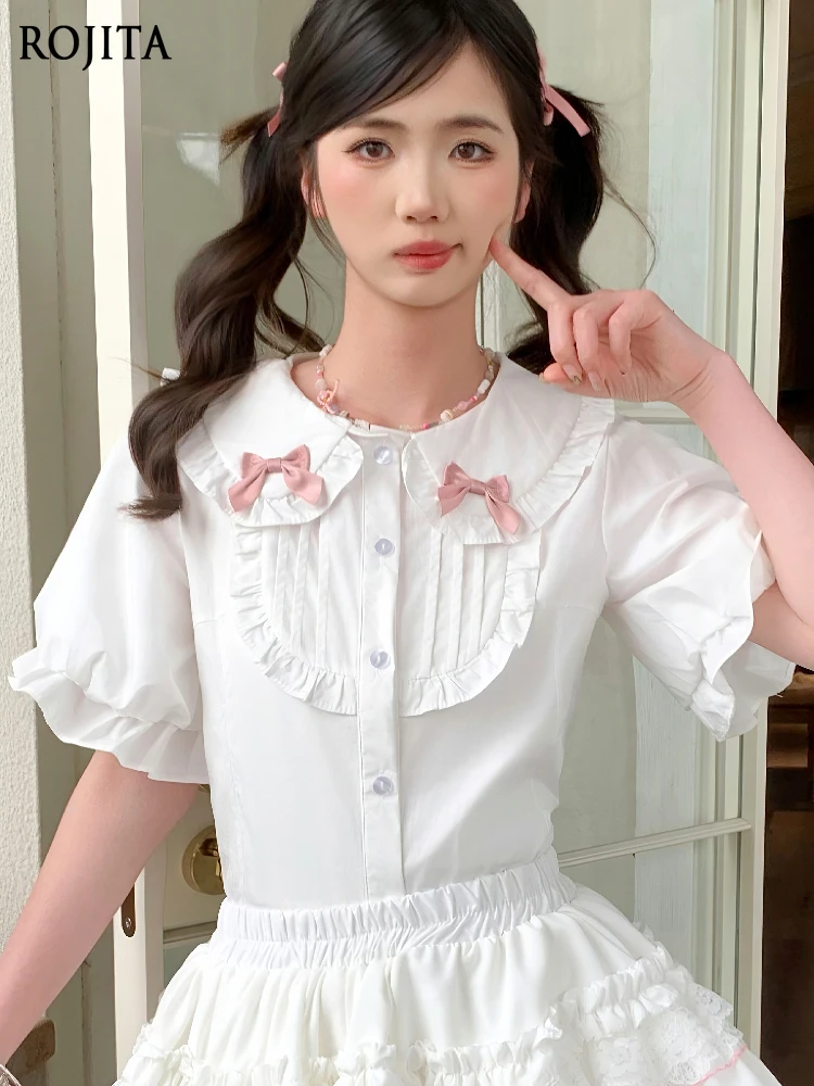 

Lolita Doll Collar Bubble Sleeve Shirt Women Tops Lolita Cotton with Cute Bow Inside Pure White Backing Top Women Shirt