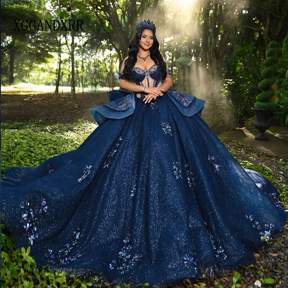 

Navy Blue Shiny Quinceanera Dresses Off The Shoulder Applique Lace Beading Crystal Tull Party Birthday Sweet 16 Dress Vestidos
