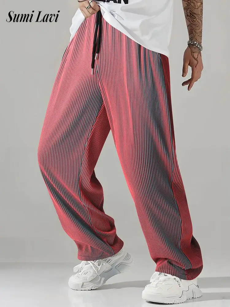 

Stylish Mens Loose Straight Bottoms 2026 Spring Fall Fashion Solid Color Ribbed Pants For Men Daily Leisure Drawstring Trousers
