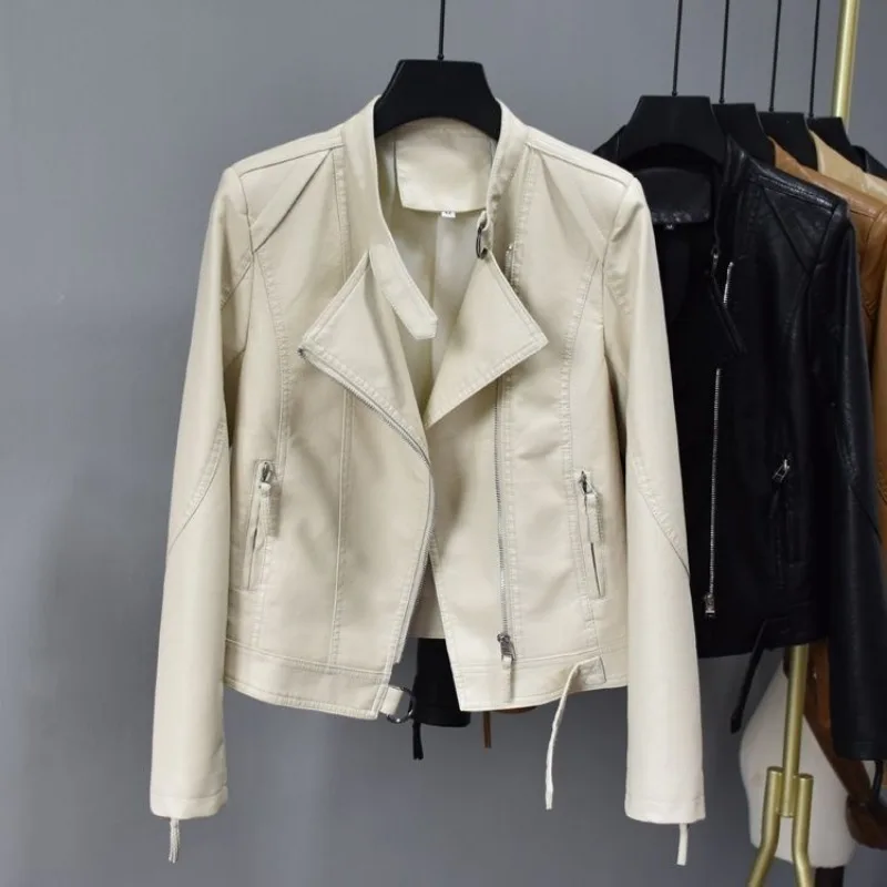 Veste courte en cuir mince pour femmes, manteau de loisirs à col montant, amincissant en PU de haute qualité, vêtements d'extérieur pour trajets quotidiens, automne, printemps, nouveau