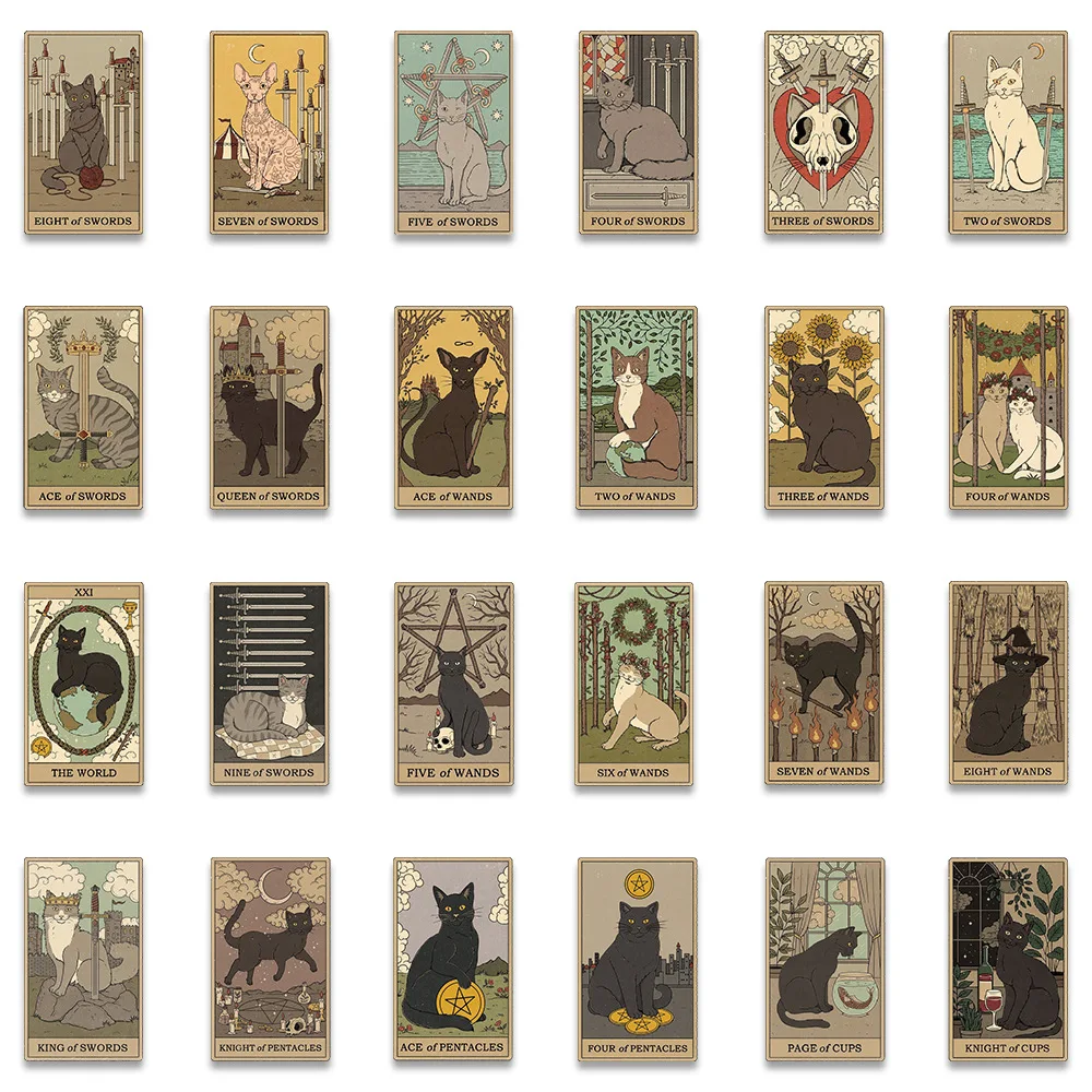 72pcs Retro Cat Tarot Stickers Aesthetic for Laptop Scrapbooking Stationery Vintage Sticker Toy Material Craft Supplies