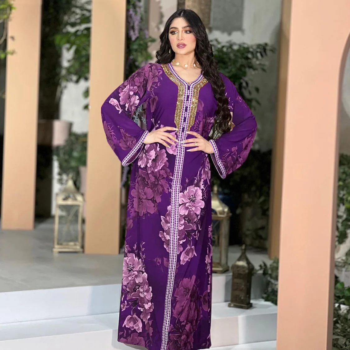 

Printed Floral Luxury Abaya For Muslim Women Long Sleeve Dress With Diamonds Loose Robe Evening Party Ramadan Kaftan