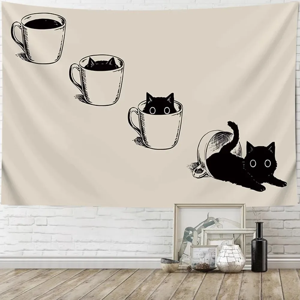 VIKAMA Simple Black Cat Retro Wall Tapestry Living Room Bedroom Coffee Shop Easy to Install Wall Decoration
