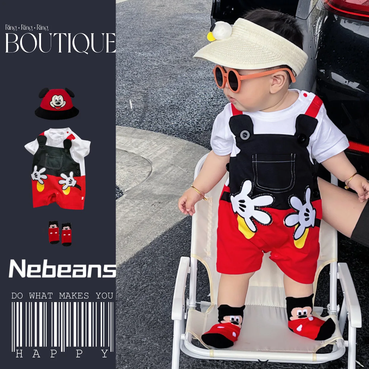 Summer Newborn Baby Romper+Sock+Hat 3PCS Set Mickey Mouse Hand Boys Girls Jumpsuit Infant Costumes Cotton Short Sleeve Bodysuits