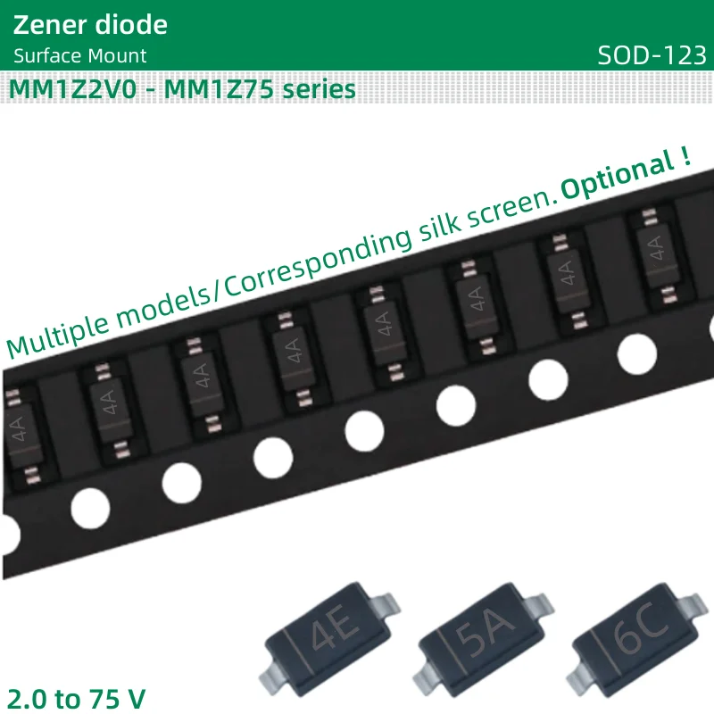 

50pcs/lot Zener Diodes SOD-123 MM1Z2V0 MM1Z2V2 MM1Z2V4 MM1Z2V7 MM1Z3V0 MM1Z3V3 MM1Z3V6 MM1Z3V9 MM1Z4V3 MM1Z4V7 MM1Z5V1