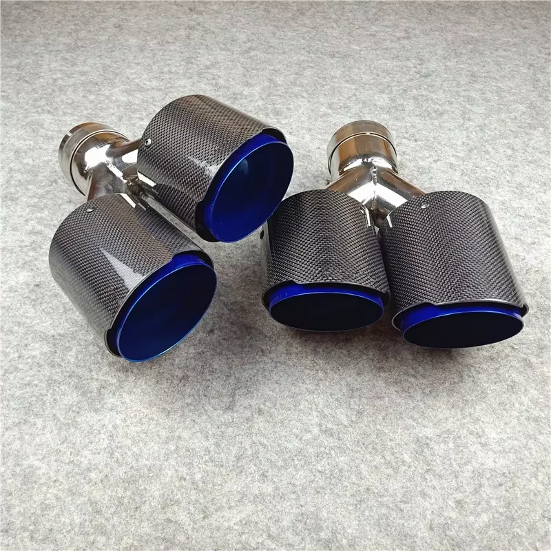 1 Pair Y Model Blue Exhaust Pipe Car Universal Muffler Tip Stainless Steel Carbon Fiber Rear Diffuser Nozzles Dual Tail Throat