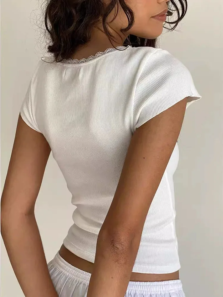 y2k Vintage Baby Tee Cottage Lace Trim Knitted T-Shirt Summer Square Neck Short Sleeve Tee Shirt Women White Milkmaid Crop Top
