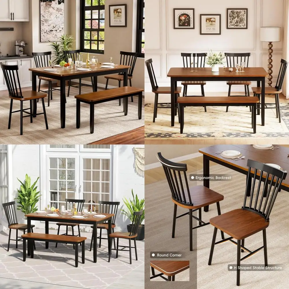modern 6-seater solid wood dining set with 4 windsor chairs and bench
