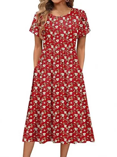 캐주얼 또는 중간 길이 프린트 드 플로럴 프린트 A라인 스커트 신축성 있는 허리 폴리에스터 섬유 기본 슬리브 싱글 피스