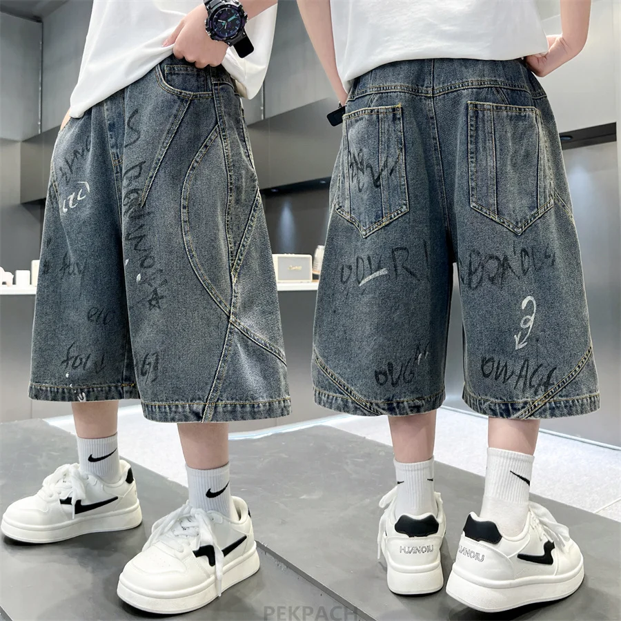 

New Summer Kids Children Gray Blue Color Denim Shorts with Drawstrings for Teenage Boys Knee Length Baggy Jeans Capris Pants