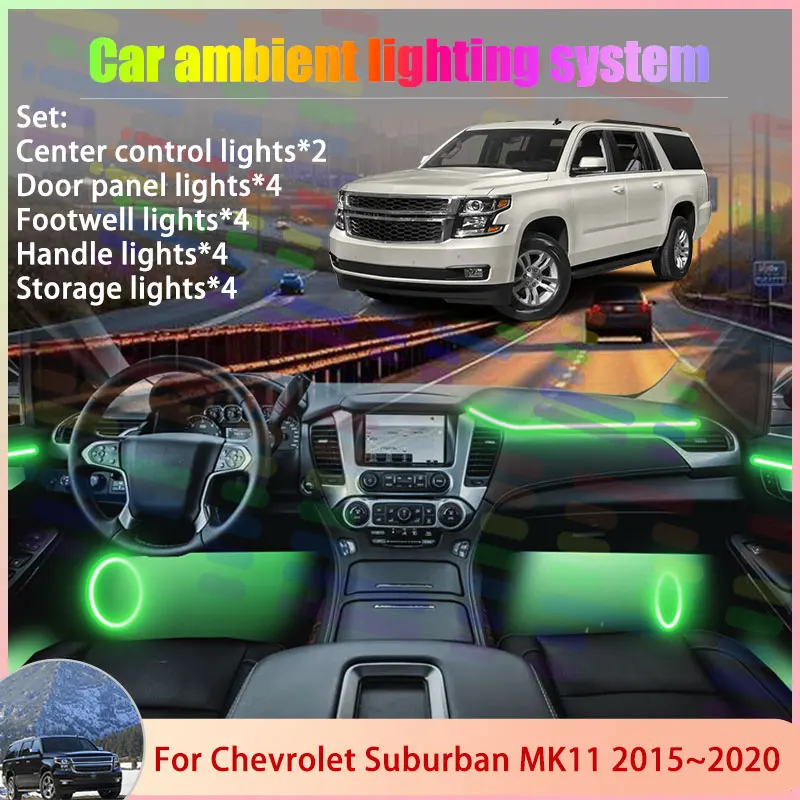 

Для Chevrolet Suburban MK11 Yukon XL 2015 ~ 2020 6/18 в 1, автомобильная атмосферная лампа, RGB абажур, ансамбль, стример, атмосферный набор