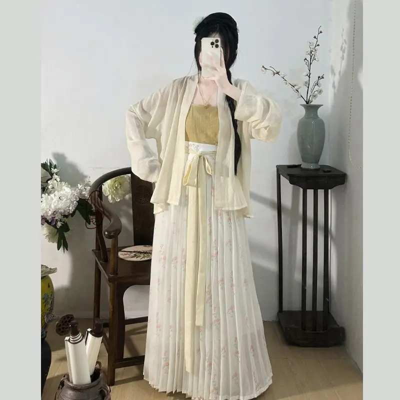 مجموعة Song Hanfu الأصلية - بلوزة نسائية بأكمام هوائية مع تنورة مطوية من قطعة واحدة، أزياء نسائية صينية تقليدية قديمة