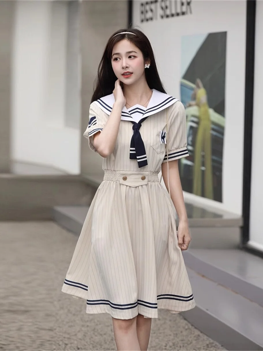 Retro Pasiasta Szkolna Mundurka z Granatowym Kołnierzykiem, Spódnica w Kształcie Litery A, Letnia Moda Dziewczęca, Strój dla Studentek, Japońska Odzież JK