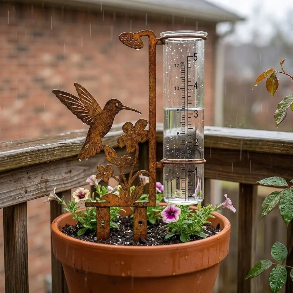 Vintage Flower Bird Metal Rain Gauge Stake Freeze Proof Removable Garden Rain Meter Weather Resistant Clear Read Numbers