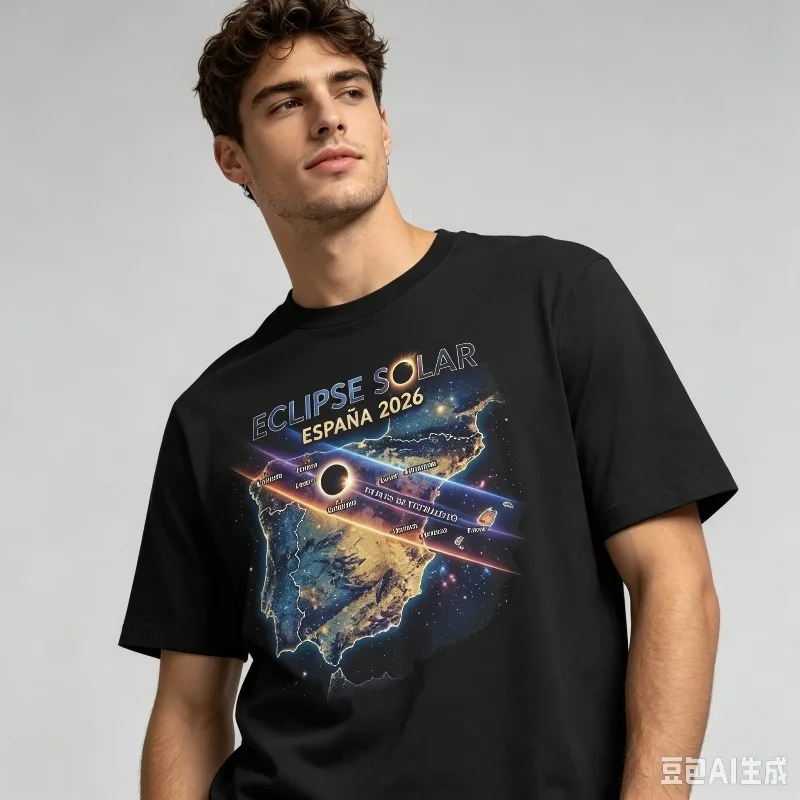 ECLIPSE SOLAR ESPAÑA 2026 Astronomy Map Graphic T-Shirt Modal Soft Crewneck Sun Moon Space Casual Print Tee