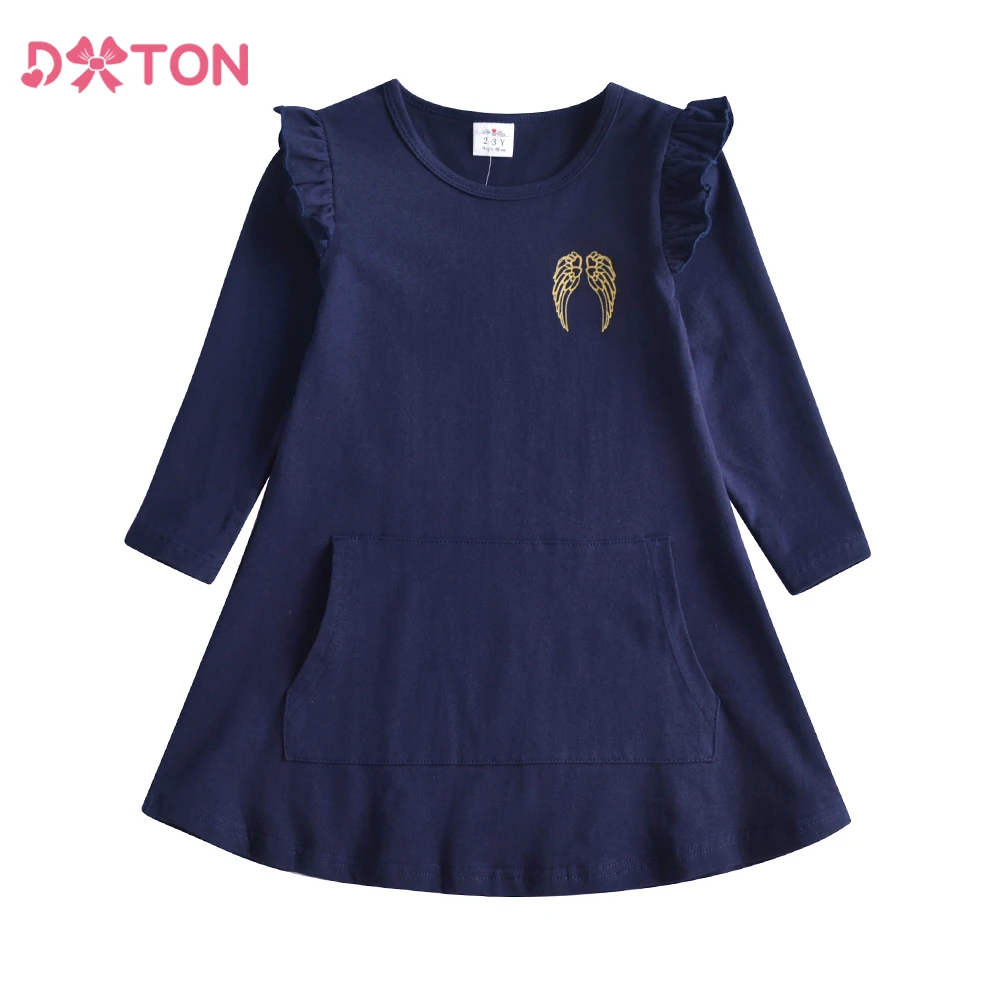 DXTON Long Sleeve Cotton Kids Dresses A-Line Straight Girls Casual Dress Angel Wings Print Toddler Daily Dress with Pocket