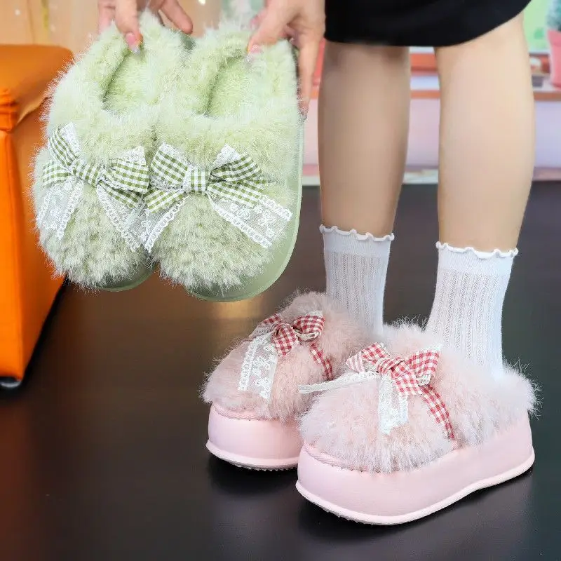 

Ins fluffy pink bow tied slippers for women winter fuzzy mules shoes woman platform mules furry chunky slippers warm flip flops