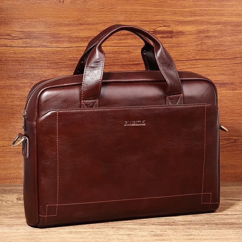

Genuine Top Layer Cowhide Men's Handbag Retro Faion Office Cuter Bag Soft Leather Zipper Closure Casual Sle