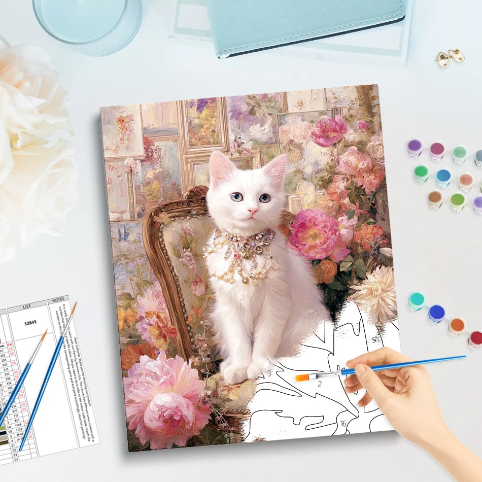 GATYZTORY Pictures By Numbers Painting Artwork Paint Pictures By Numbers Flower House Noble White Cat Canvas Wall Art Supplies