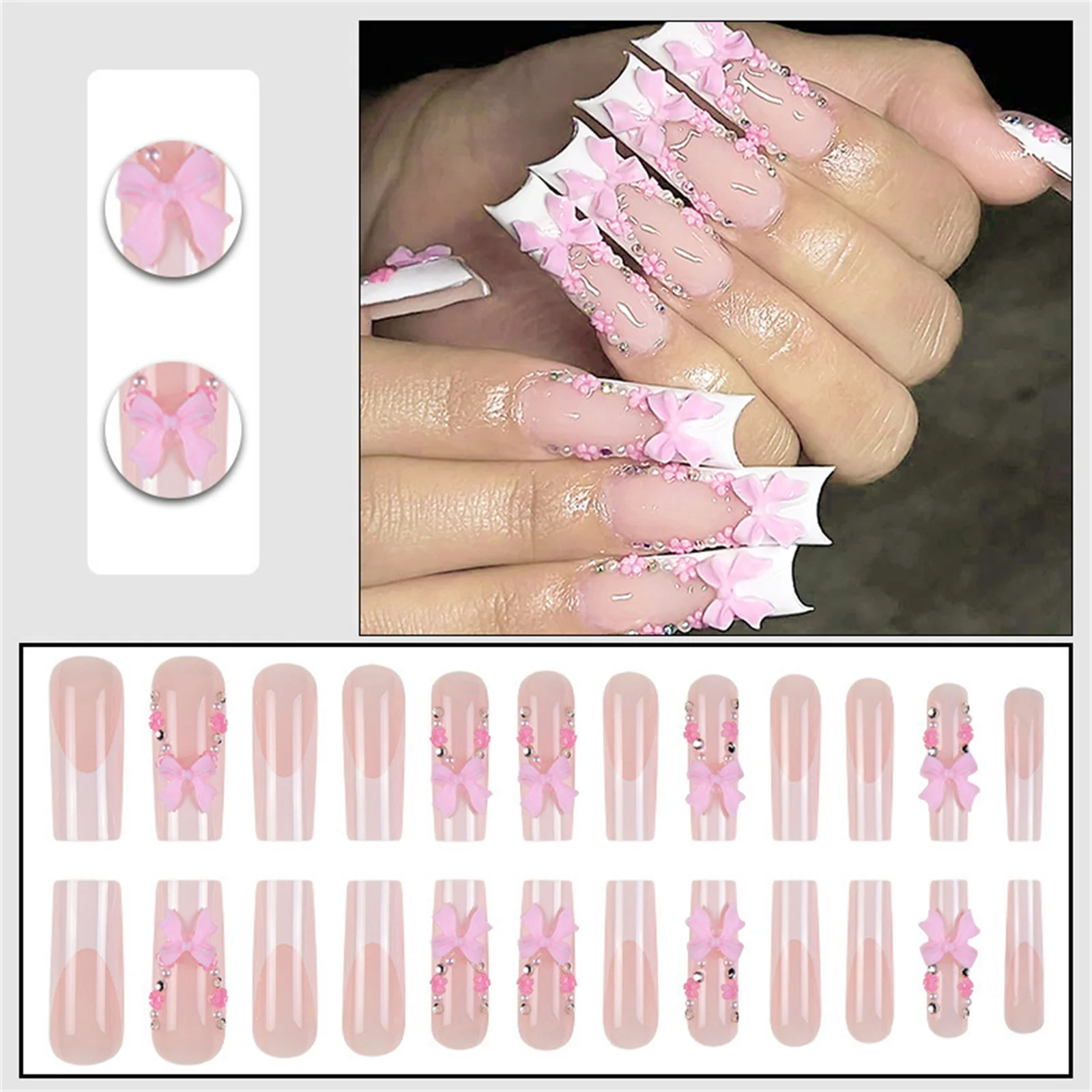 เล็บปลอมแบบกดติด 24 ชิ้น สีชมพู แต่งโบว์ ทรงฝรั่งเศสสีขาว ยาวแบบโลงศพ แต่งเล็บแบบบัลเลต์ ประดับด้วยคริสตัลและดอกไม้สีทองวิบวับ