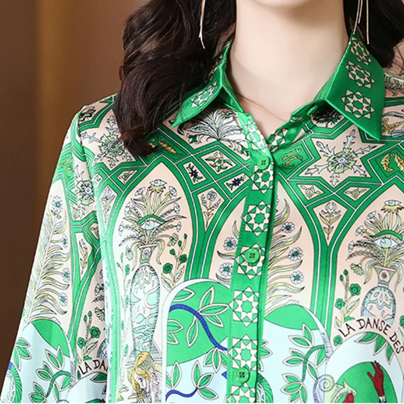 Green Print Summer Shirt Women Silk Blouse Cardigan Top Spring Autumn Long Sleeve Plus Size Vintage Shirt chemises et blouses