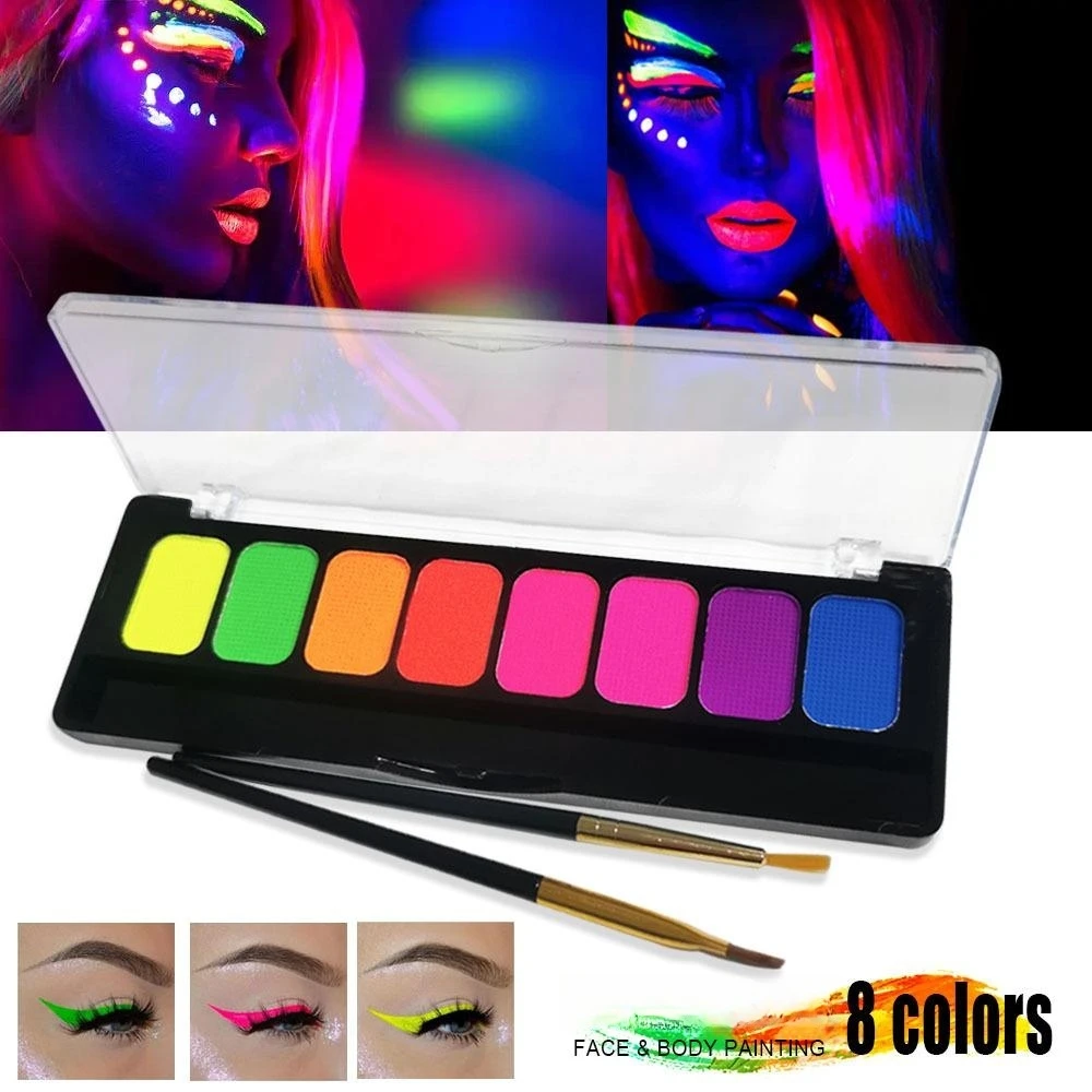 8-Color Water-Soluble Fluorescent Body Paints Halloween Dark Night Glow Paintbrush DIY Quick Dry Camouflage Paste Eyeline Makeup