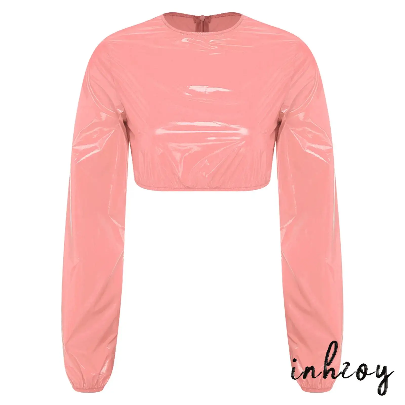 Waterproof Glossy Crop Sweat Top for Women Crew Neck Long Sleeve Back Zipper Nightwear T Shirt for Night Rave Pole Dance Party