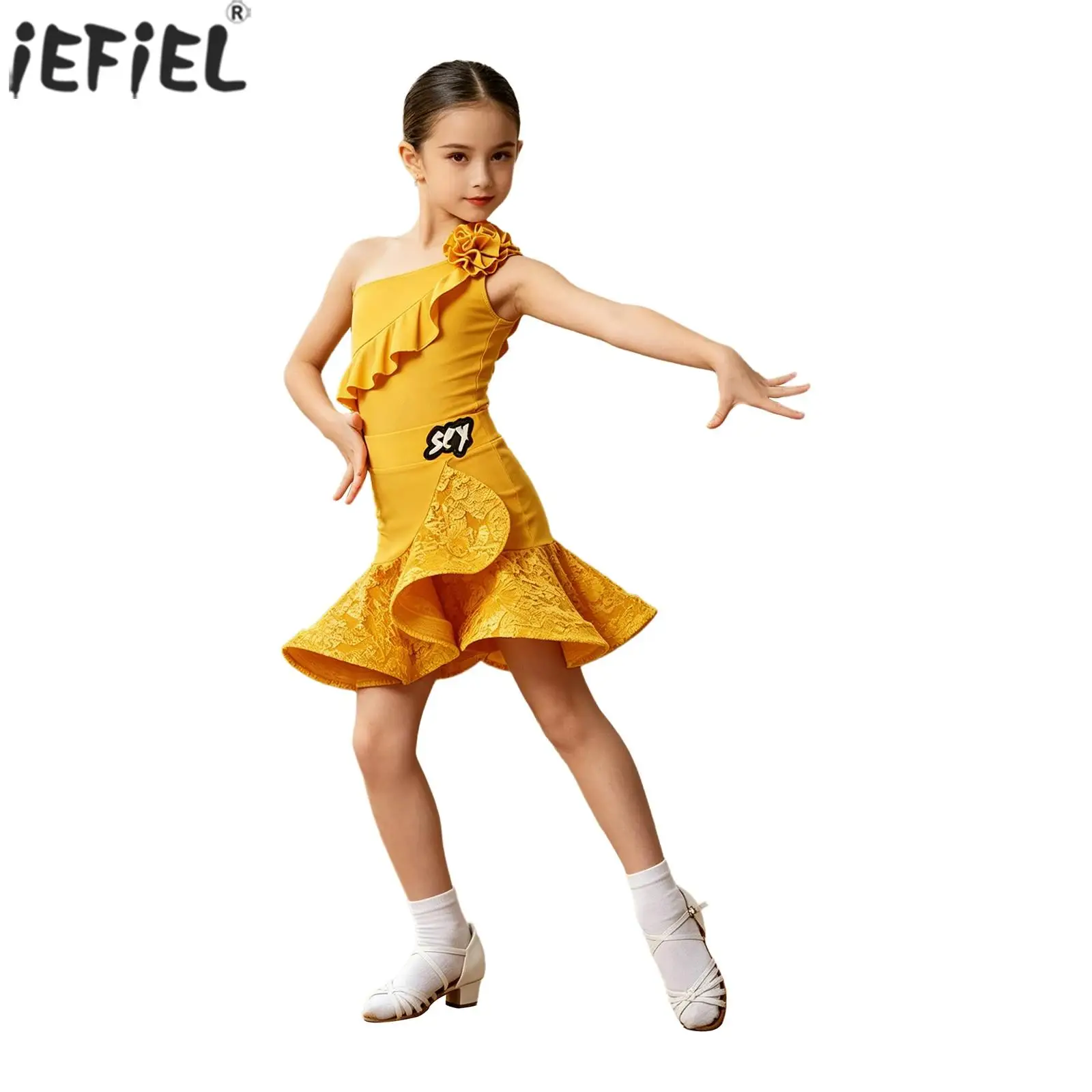 Vestido de Baile Latino para Niñas, Vestido con Volantes de un Solo Hombro, para Tango, Cha-cha, Salsa, Samba, Baile de Salón, Práctica y Actuación