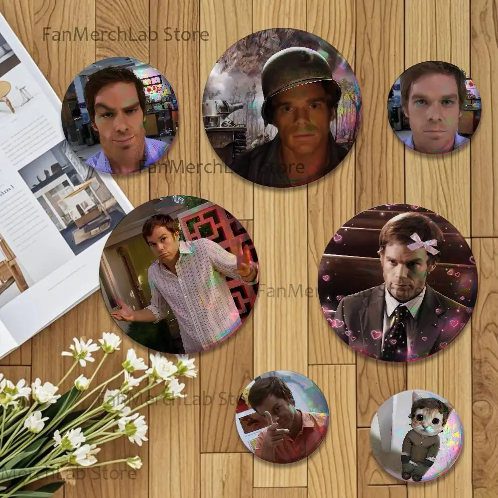 D-Dexter Morgan Reflective Pin Tinplate Round Brooch Cartoon Cosplay Badges for Bag Hat Toys Gifts