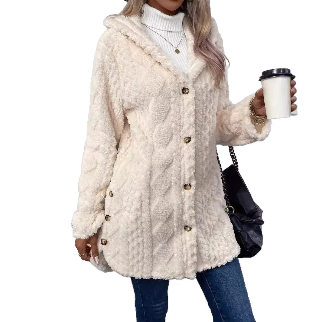 2025 Autumn and Winter European and American Hooded Solid Color Cardigan Button Long Sleeve Casual Jacket