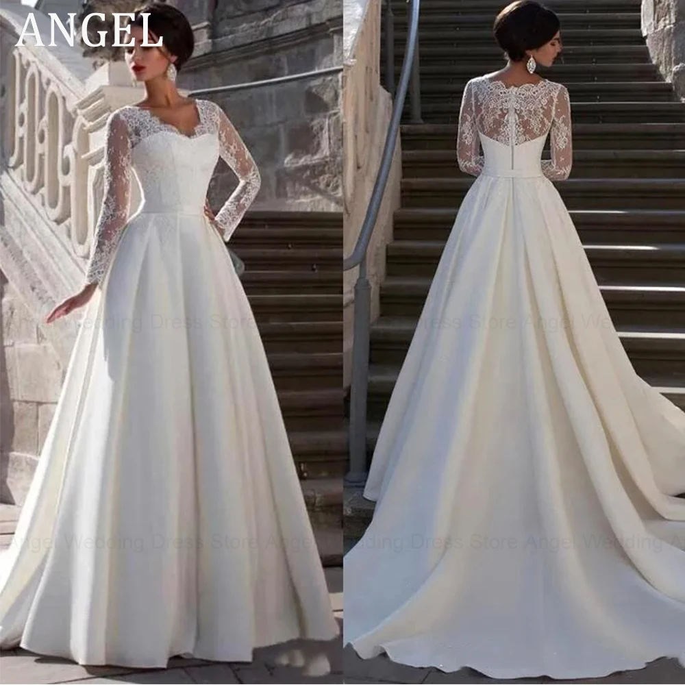 

ANGEL Modest Lace Applique A-line Satin Wedding Dress V Neck Sheer Back Long Sleeve For Women Princess Robe de Mariee Customize