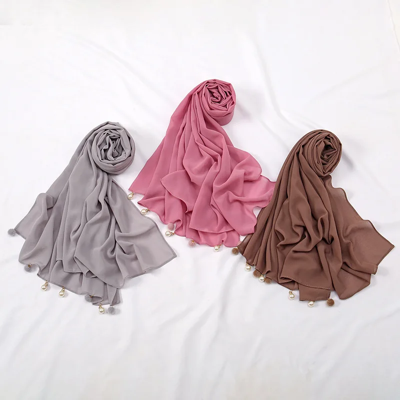 Syal sifon polos elegan syal Islami dekorasi mutiara besar jilbab wanita syal panjang bermanik Muslim selendang syal panjang 180x70cm