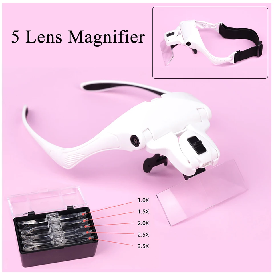 5 Lens Loupe Headband Magnifying Glass Reading Interchangable Magnifier With 2 LED Light Lamp Magnifying For Eyelash Extensions