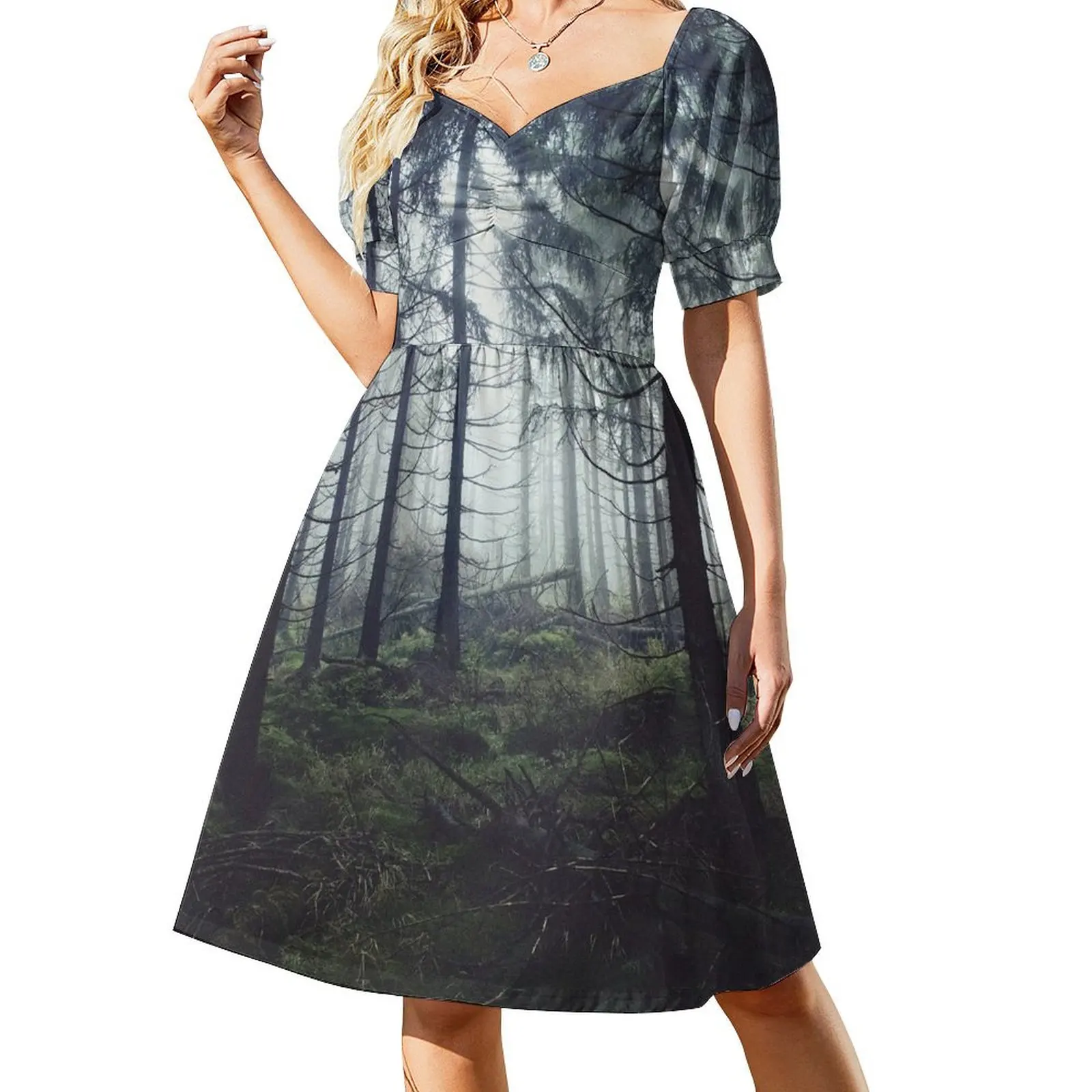 Through The Trees // Nightwalker In Ghostwood Romantasy Foggy Misty Fairytale Forest Covered In Magic Fog Short Sleeved Dress