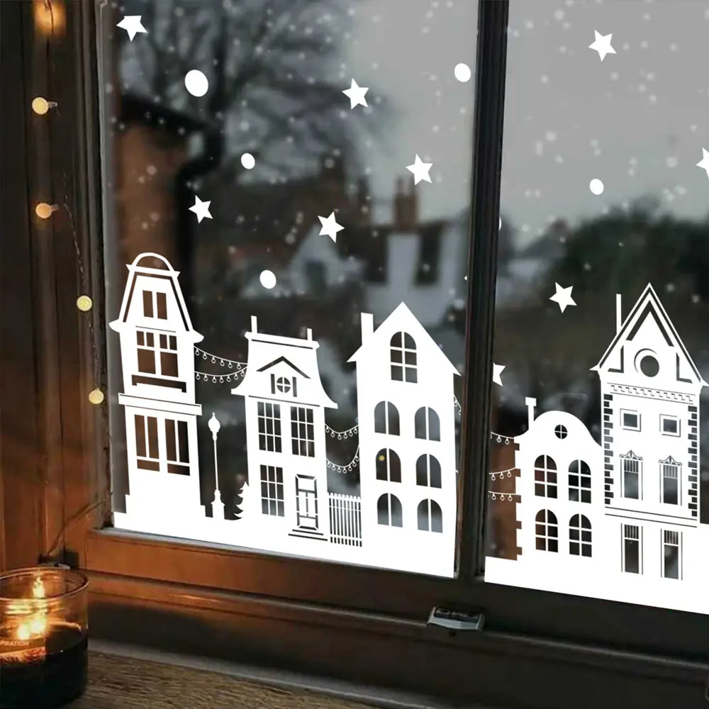 Christmas Window Stickers Creative White Castle Streetscape Window Clings Sliding Door Static Film Removable New Year Home Store