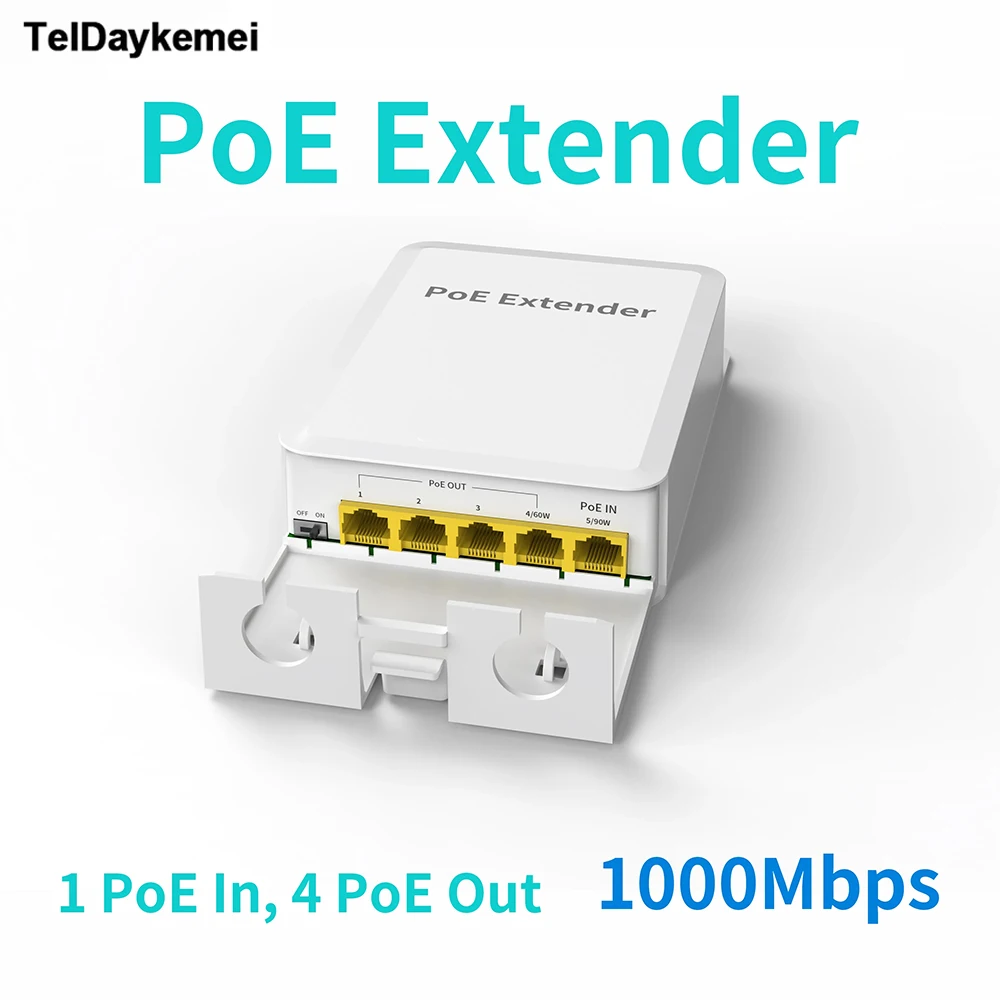 5 Ports Outdoor PoE++ Gigabit Extender, 1 in 4 Out PoE Repeater with 1000Mbps, IEEE802.3af/at/bt Compatible, IP55 Waterproof