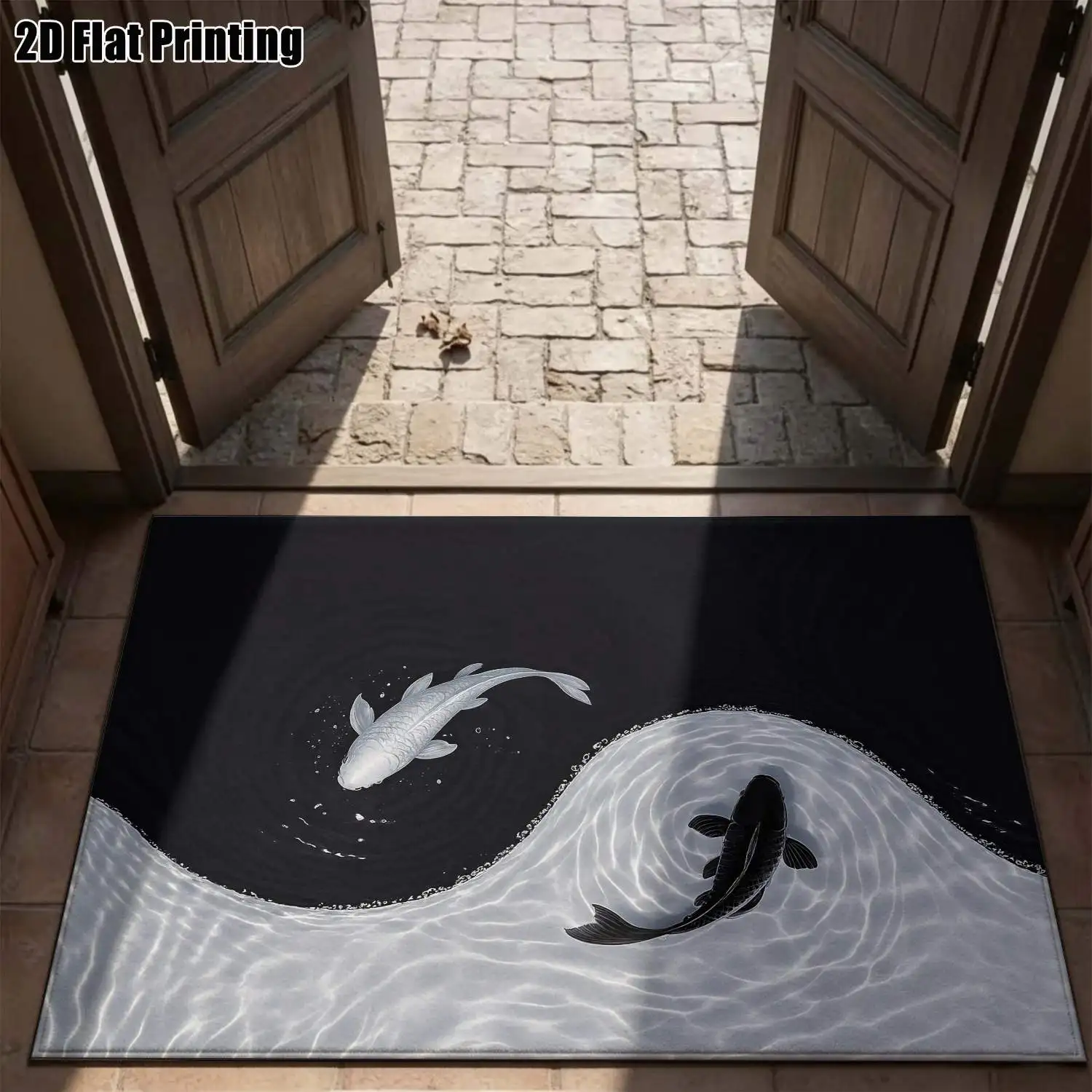 1Pc 2D Printed Tai Chi Koi Fish Pattern Carpet, Nordic/Instagram/Modern Minimalist/European Style, Geometric Striped, Home Decor, Multi-Size, Machine Washable, for Entrance, Dining, Foyer, Bedroom, Living Room