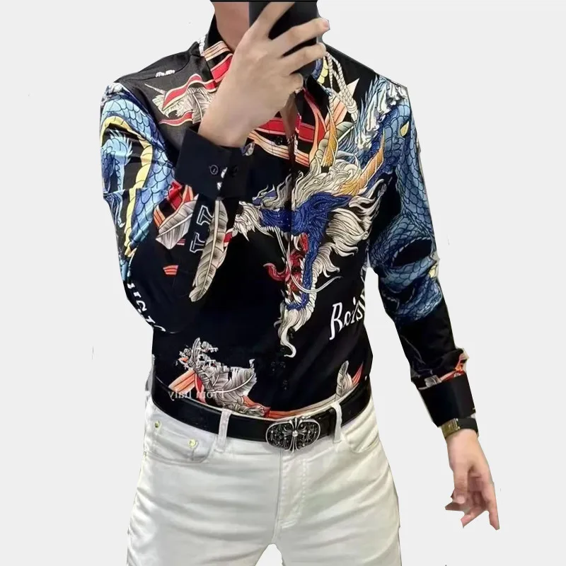 Y2K 2025Spring Man Vintage Printed Social Black Shirts Luxury Mens White Oversized Hot Diamond Dress Shirt Playeras Para Hombres