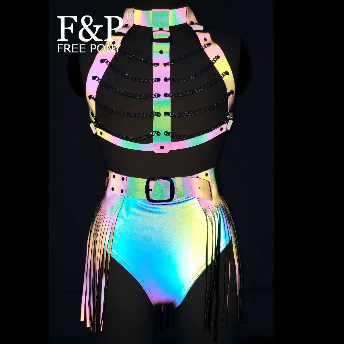 

Rainbow Reflective Leather Chain Harness Outfit Fringe Clothing Burning Man Festival Costume Gogo Pole Dance Bottom Wear Clothes