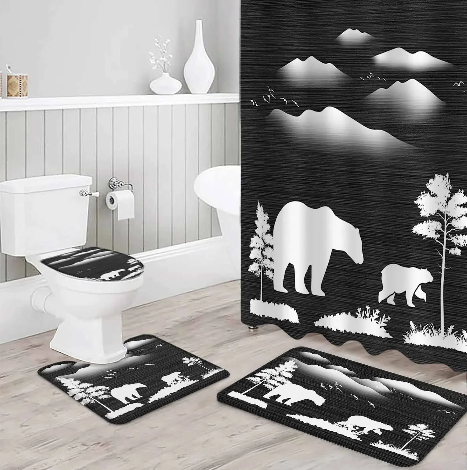 Silhouette Bird Animal Polyester Printed Shower Curtain Bathroom Set Luxury Curtain Abstract 4-piece Set Coral Velvet Foot Mat