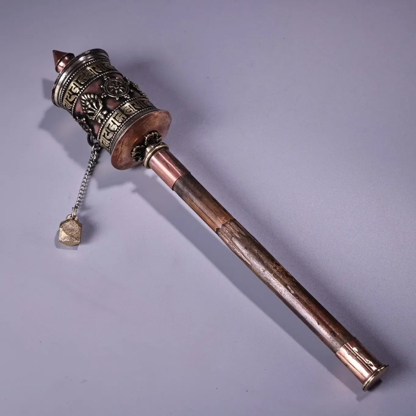 22cm Nepali Pure Copper Emboss Inlaid Scripture Gilded Silver Buddha Pagoda Prayer Wheel Crafts