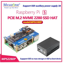 MPS2280P PCIE M.2 NVME SSD HAT for Raspberry Pi 5, support 2280 2230 2242 Gen 3 , AUX power to SSD 3A